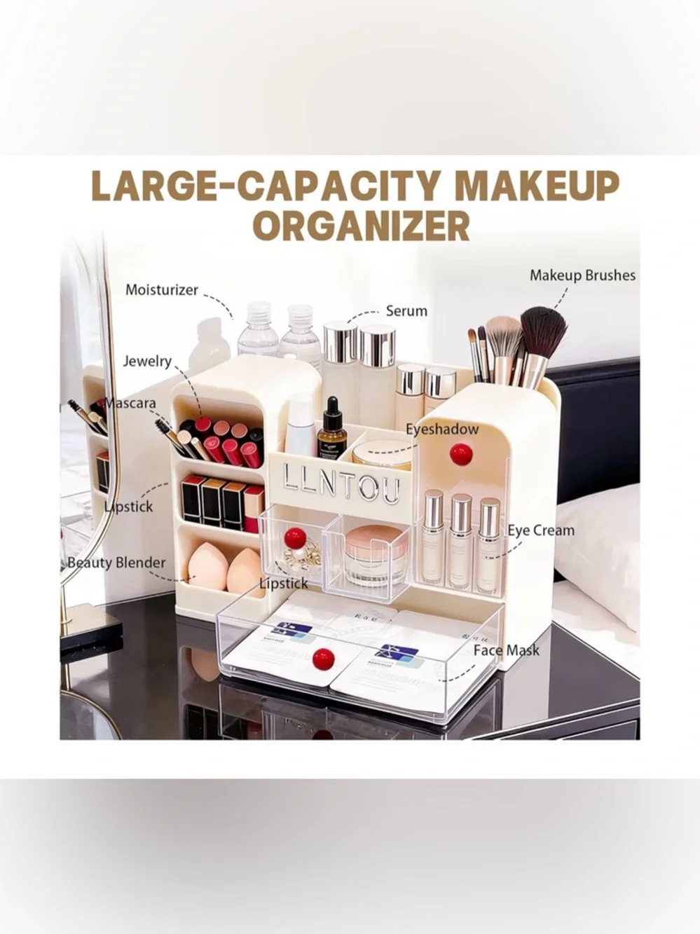Beige Cosmetic Organizer for Countertop - Multi-Compartment Makeup Storage